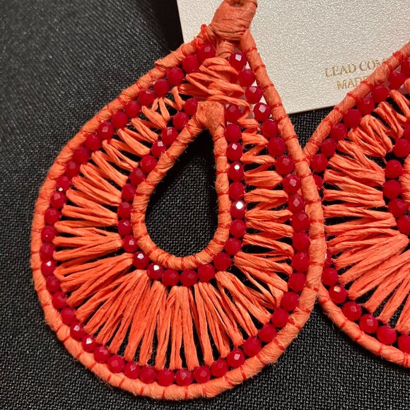 Natasha Orange Woven/Red Beaded Bohemian Dangling Earrings - Picture 4 of 6